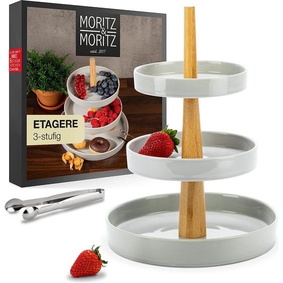 Fruitetagère 3 etages - incl. tang - van hoogwaardig porselein - moderne keukendecoratie of feestdecoratie - perfect als fruitschaal voor het bewaren van fruit, muffins en cupcakes