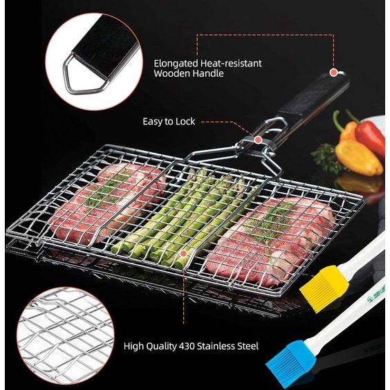 E-More BBQ grillmand, Draagbare opvouwbare roestvrijstalen barbecuegrillmand voor gebraden vis groenten garnalen steak, met afneembare houten handvat, 2 rijgen borstels en opbergtas,