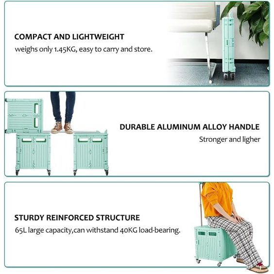 Boodschappentrolley, inklapbaar, transporttrolley, tot 40 kg, met deksel en telescopische handgreep, 4 wielen, winkelwagen, vouwbox (groen)