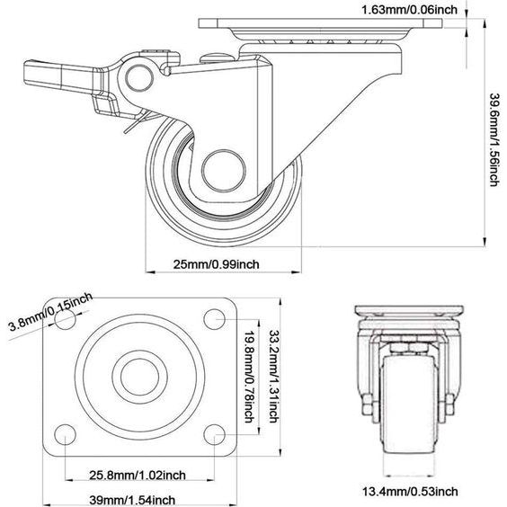 GBL Zwaarlast Wielen + Schroeven - 25 mm tot 40 KG - 4 Stuks Geen Vloersporen Stille Zwenkwielen voor Meubels - Rubberen Trolleywielen - Zilver 25mm - 4 without Brakes