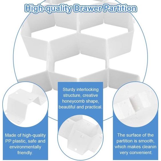 8 stuks lade-organizer, vakverdeler, kunststof, ladeverdeler, wit, verstelbaar, ladeverdeler, rooster, laderooster, compartimenten, opbergvak voor ondergoed en sokken, honingraatvorm