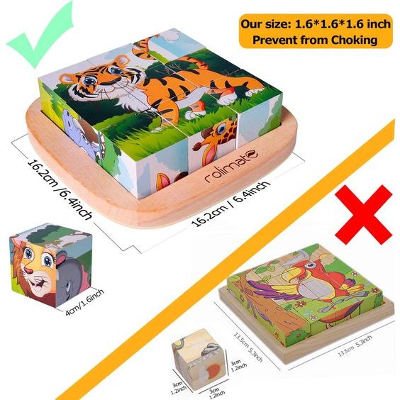 Houten fotokubus 3D houten puzzelspellen 6 in 1 dierenmotieven met 9 dobbelstenen Houten speelgoed voor kinderen van 2 3 4 jaar Montessori voorschools educatief speelgoed, 16x16 cm, kleurrijk