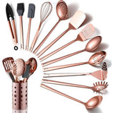 Set keukengerei van koper, 13-delig kookgerei van roestvrij staal met titanium roségouden coating, keukengereiset met keukengereihouder voor anti-aanbakkookgerei (13 verpakkingen)