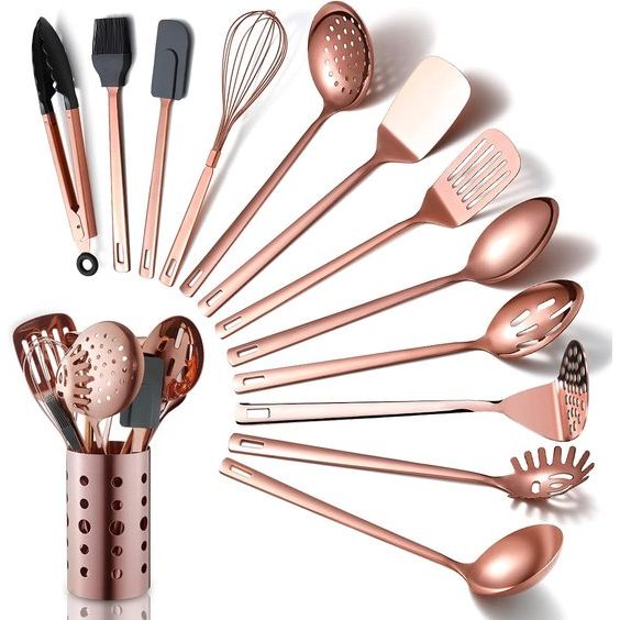 Set keukengerei van koper, 13-delig kookgerei van roestvrij staal met titanium roségouden coating, keukengereiset met keukengereihouder voor anti-aanbakkookgerei (13 verpakkingen)