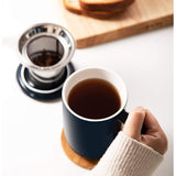 Porselinnen theekop met theezeef en deksel, theepot met filter en onderzetter, losse theeblaadjes theekop voor thee/koffie/melk/vrouwen/kantoor/thuis/cadeau (navy blue)
