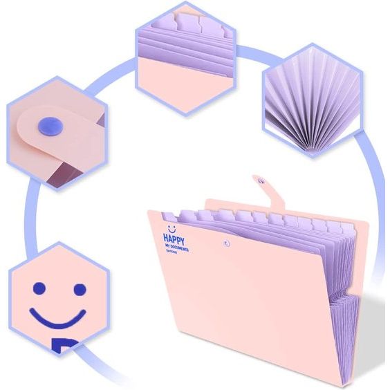 Documentenmap, A4-map, vakken map, hoge capaciteit, uitbreidbaar, gemakkelijk te dragen, met drukknop en 12 vakken, voor thuis of op kantoor, documenten (roze)