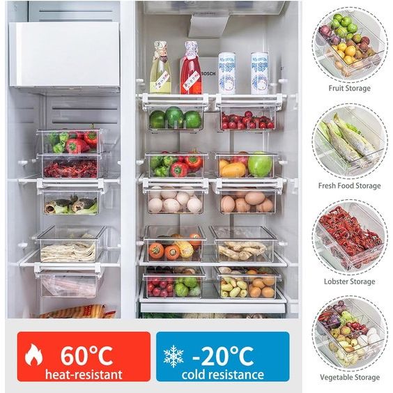 Koelkastorganizer, lade, uittrekbaar, doorzichtige koelkastopbergdoos, uittrekbaar, koelkastmanden met 2 delen, voor groenten, fruit, voor koelkast, kasten, voorraadkast