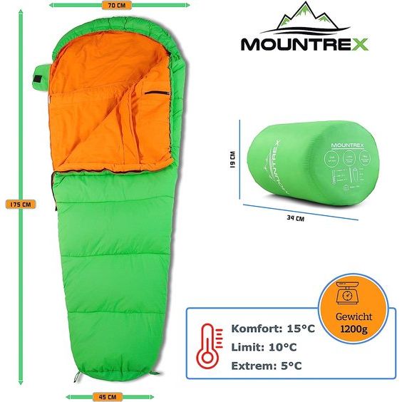 Kinderslaapzak - draagbare als een rugzak - slaapzak voor kinderen (175 x 70 x 45 cm) - outdoor, irritant, camp, mummieslaapzak, licht en compact - 100% katoen binnenvoering