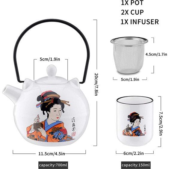 Japanse porseleinen theeset, bevat 1 theepot 700 ml met 2 theekopjes 150 ml en roestvrijstalen theezeef, Kabuki decor