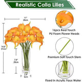kunstbloemen, 16 stuks, met glazen vaas, zeer echt, kunstbloemen, calla PU, latex, echte touch, Calla nepbloemen, oranje, voor bruiloft, feest, woonkamer, kantoor, hotel, keuken