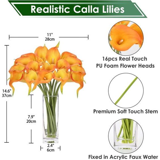 kunstbloemen, 16 stuks, met glazen vaas, zeer echt, kunstbloemen, calla PU, latex, echte touch, Calla nepbloemen, oranje, voor bruiloft, feest, woonkamer, kantoor, hotel, keuken