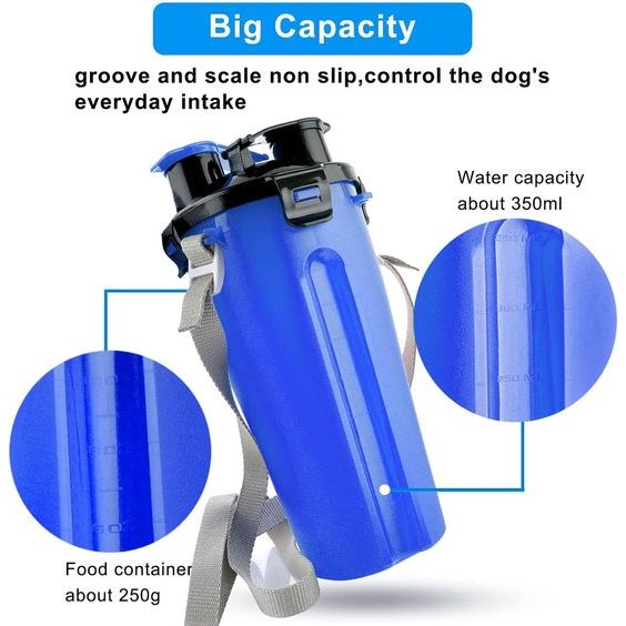 Draagbare waterfles en voerfles, 800 ml, 2-in-1 drinkfles met 2 vouwkommen voor honden, hondenbak, opvouwbare waterbak voor kamperen, wandelen, wandelen en training (blauw)