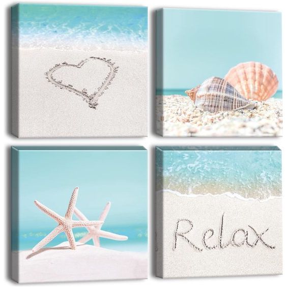 4-delige canvasafbeeldingen met schelpen, zeesterren en strandmotief, kunstdruk, moderne wandafbeelding voor keuken, badkamer, woonkamer, wanddecoratie, 30 x 30 cm.