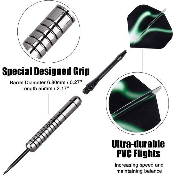 Dartpijlen, 12 stuks stalen dartpijlenset, 24 gram professionele stalen darts met metalen punt, dartpijl, dartpijl, aluminium schacht, 30 flights,50 anti-losse rubberen ringen, stalen darts