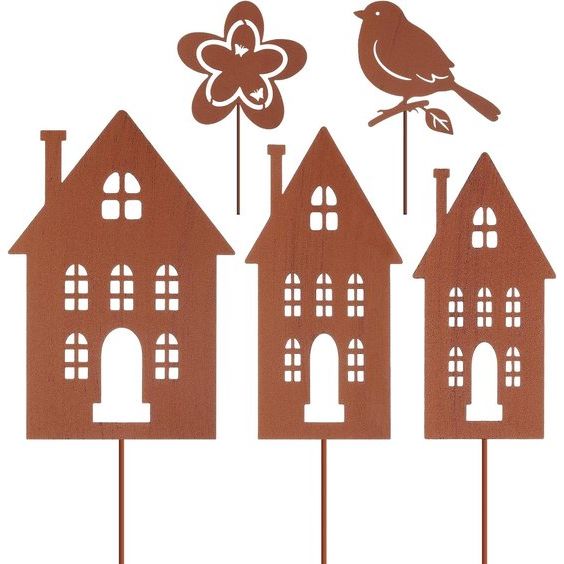 5 stuks roestige tuin decoratie set roestige huizen tuin staken tuinhuizen tuin staken metalen decoratieve plug huis voor het aansluiten in roest look voor tuin patio balkon
