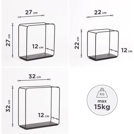 Wandrekset, 3-delig hangrek van metaal en echt hout Veneer, wanddecoratie en plank voor badkamer, woonkamer, keuken, slaapkamer en meer, mat zwart