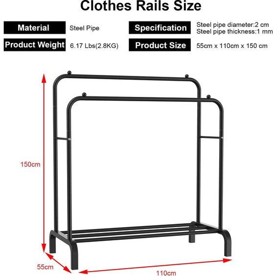 Kledingrek, 110 * 62 * 150 cm groot kledingrek, kledingrek met dubbele rail, stabiel, minimalistisch design kledingrek, vrijstaand kledingrek voor slaapkamer, zwart