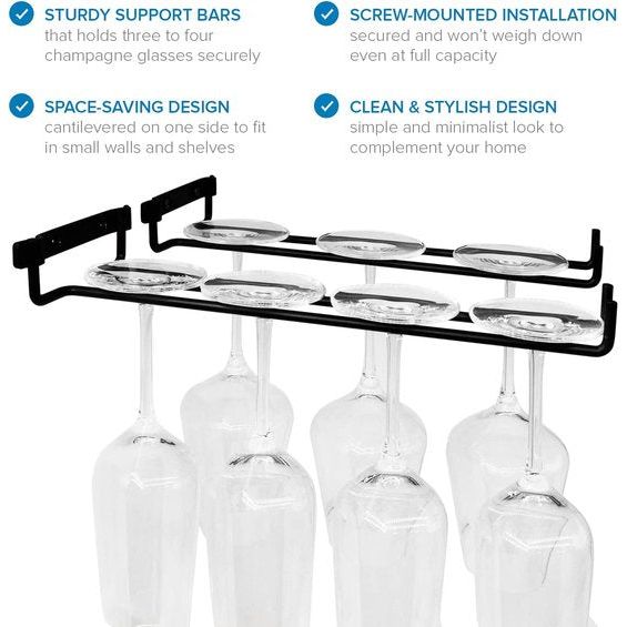 Joejis Rek set zwart van 2 - 30 cm voor 4 wijnglazen - Gestroomlijnde en moderne glazen houder wijnrek set van roestvrij ijzerdraad voor onderkast of bar