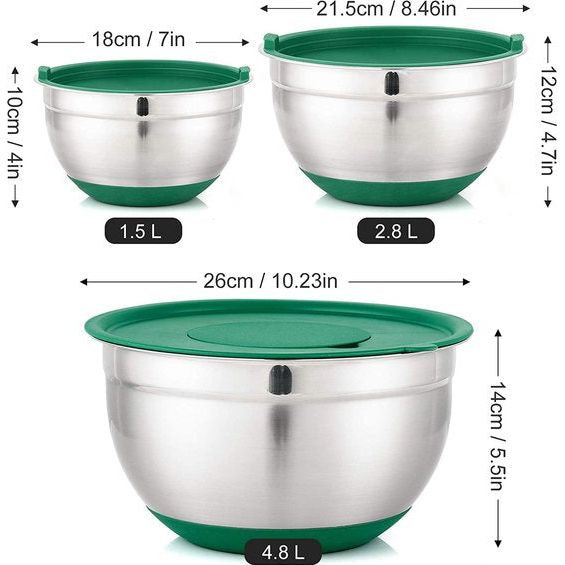 Mengkom set van 3 slakommen roestvrij staal komset met luchtdicht deksel, siliconen bodem en 3 rasppinzetstukken, stapelbaar en multifunctioneel, 4,8 l/2,8 l/1,5 l