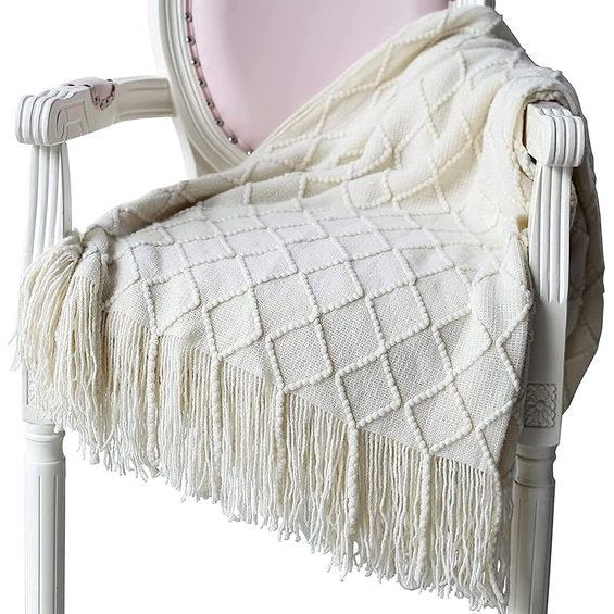 Woondeken, zacht gebreide wollen deken, kwastjes, knuffeldeken, sofadeken, slaapdeken, deken, deken, beige, 125 x 210 cm