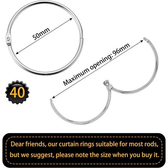 Pack of 40 curtain rings for opening, 50 mm curtain rings, curtain rings, round rings, curtain clips, shower curtain, metal clips for curtains and curtain rods (silver)