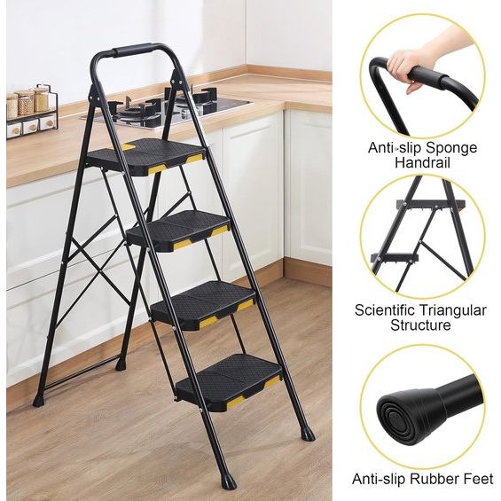 4-traps ladder Trapladder 4 treden opvouwbaar met antislip breed pedaal en leuningen Lichtgewicht huishoudladder voor uw keuken, bijkeuken, kasten, kantoor