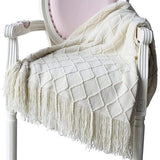 Woondeken, zacht gebreide wollen deken, kwastjes, knuffeldeken, bankdeken, slaapdeken, deken, beige, 125 x 210 cm