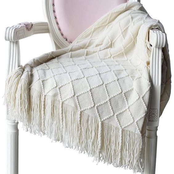 Woondeken, zacht gebreide wollen deken, kwastjes, knuffeldeken, bankdeken, slaapdeken, deken, beige, 125 x 210 cm