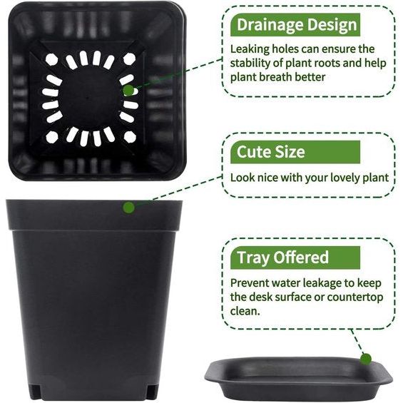 24 stuks vierkante bloempot, 7 cm plastic bloempotten, succulente plantenbakken met palet voor binnen- en buitendecoratie, plantenpot met schotel (zwart)