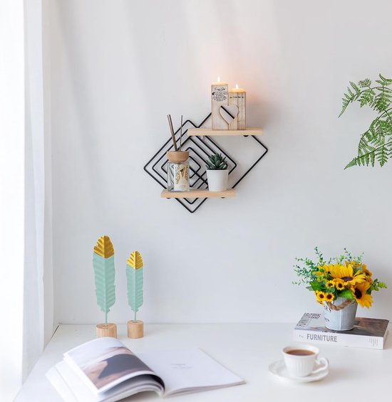 Wandrek, zwart, metaal, set van 2, moderne wandplanken, wanddecoratie, woonkamer, hout, zwevend rek