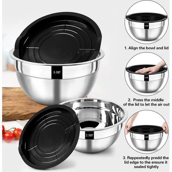 Mengkomset, roestvrij stalen kommen, 7-delige set met luchtdichte deksels, stapelbaar, vaatwasmachinebestendig, maat 5, 3,5, 2,5, 2, 1,5, 1, 0,67 QT, ideaal voor mengen en serveren