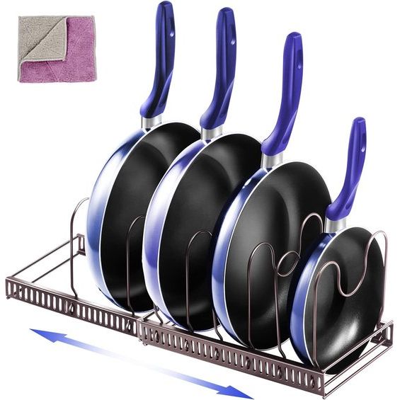 Pannendekselhouder, pannenhouder voor lade, opslag met 8 verstelbare vakken, dekselhouder lade, pannenhouder voor keuken, organizer, zwart