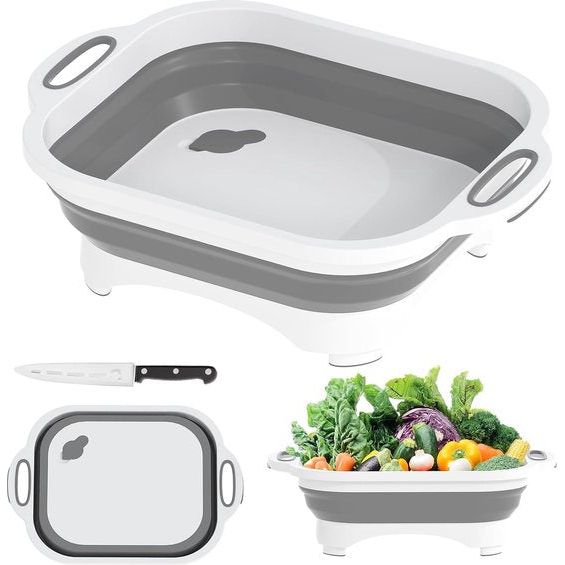 Opvouwbare campingsnijplank, 3-in-1 multifunctioneel, met mes, voor het wassen en bewaren van groenten en fruit worden gebruikt voor keuken, camper, camper accessoires, outdoor