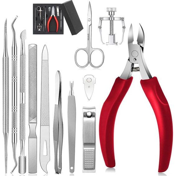 12 stuks nageltangset, nageltang voor dikke en ingegroeide harde teennagels, roestvrij staal, pedicure knipper nagelknipper. Nagelvijl en zachte grip, nagelschaar set (rood)