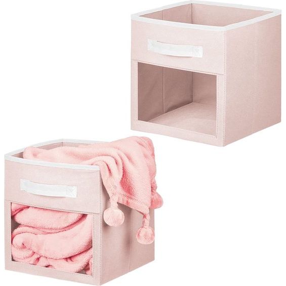 Set van 2 opbergdozen voor speelgoed of kleding, kubusvormige stoffen box met handvat en kijkvenster, opvouwbare speelgoedkist van stof, lichtroze en wit