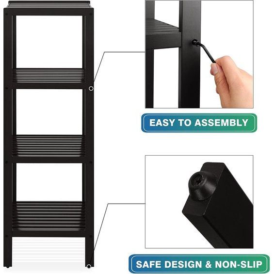 Badkameropbergrek, 4 niveaus, bamboerek, organizer, multifunctioneel rek voor woonkamer, slaapkamer, keuken (zwart)