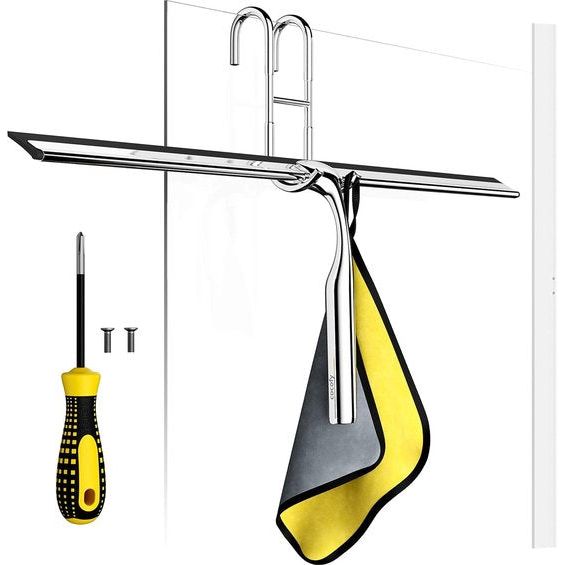 Douchewisser breed XXL 45 cm zonder boren voor douche, tegels met haken, vervangend rubber, microvezeldoek, doucheschermwisser, zilveren roestvrijstalen raamwisser 45 cm