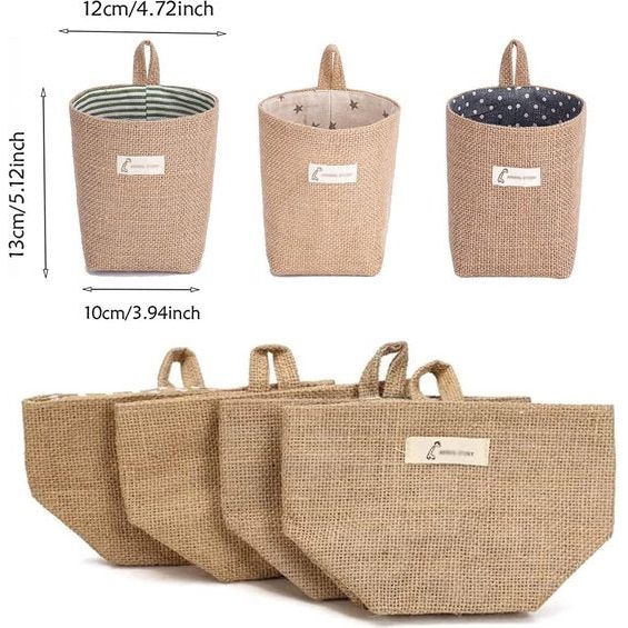 Opbergmanden, 4 stuks opbergtas van katoen en linnen, opvouwbare opbergmand met handvat, kleine hangmand voor speelgoed, make-up, sleutels, kleine voorwerpen