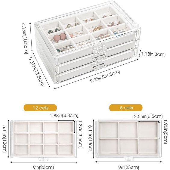 Acryl Sieraden Organizer Sieradendoos voor Dames Doorzichtige Sieradenopslag Sieradendoos Sieradendoos met 3 Laden voor Oorbellen, Ringen, Armbanden -Wit