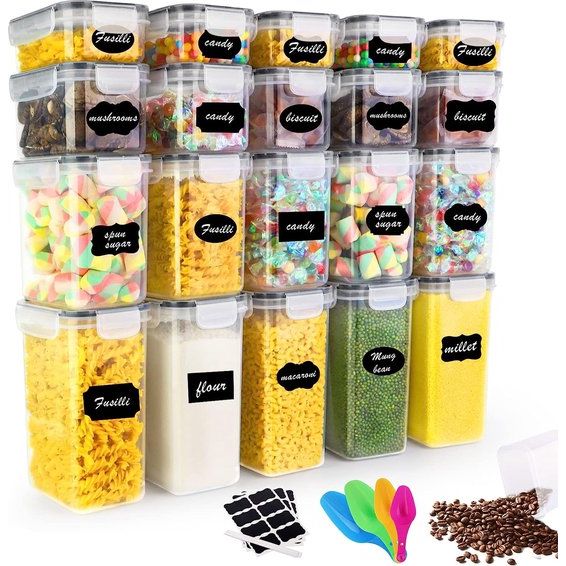 Voorraaddozen set van 20 stuks, opbergdoos keuken 2 l/1,4 l/0,8 l/0,52 l voorraaddozen met deksel, luchtdichte voorraadpot keukenorganizer met etiketten en lepel voor spaghetti, meel, muesli