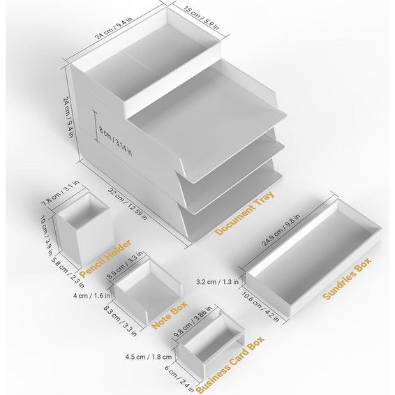 4 verdiepingen brievenbakje, documentenplateaus voor A4, opbergvakken, stapelbaar, bureau van kunststof, papieren organizer met penhouderset, bureauplank, archiefplank, opbergmand