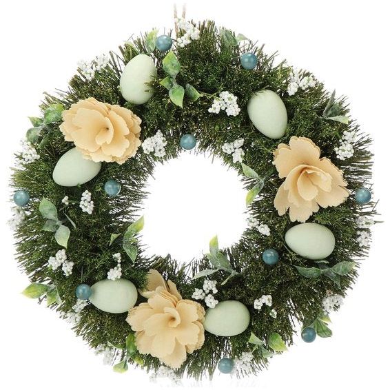 Paaskrans met bloemen van hout en eieren, decoratieve tafelkrans, deurkrans met hanger Translation: Paaskrans met bloemen van hout en eieren, decoratieve tafelkrans, deurkrans met hanger
