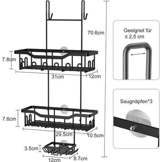 Doucheplank om op te hangen, 3-deurs doucheplank zonder boren, doucheplank, badrek, douchemand, hangend, shampoohouder, douchehangrek voor glazen deur, douchewand met zeepbakje en haak (zwart)