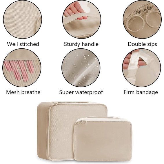 Kofferorganizer, 9-delige set, multifunctionele reis-kledingtassen, waterdicht, pakkubus, compressible voor vakantie, met schoenentas, make-uptas, paktassen, beige