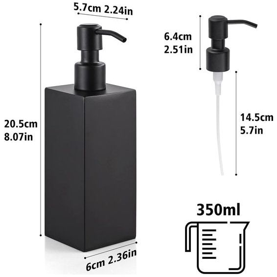 Zeepdispenser, zwart, roestvrij staal, afwasmiddeldispenser, 350 ml, navulbaar, gemakkelijk in te drukken, pompfles, vrijstaand, vloeibare zeepdispenser, lotionfles voor keuken en badkamer, 6 x