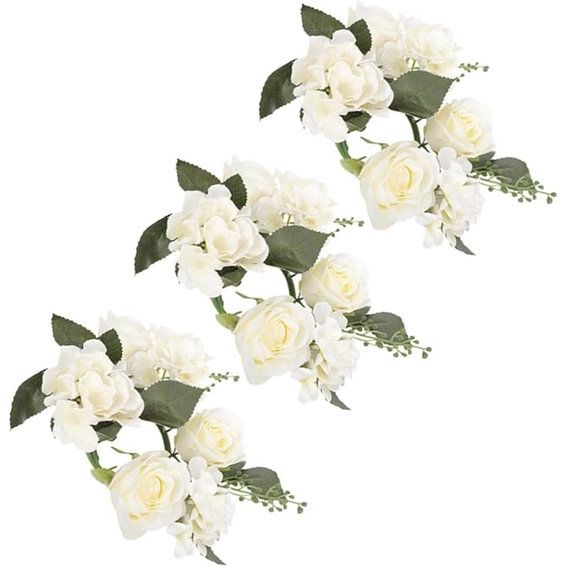 Set van 3 kaarsenringen voor conische kaarsen, rozen kaarsenkrans, bloemenkrans, decoratieve krans, rozenkoppen krans, hanger voor Pasen, bruiloft, Valentijnsdag, middenstukken, tafeldecoratie, wit.