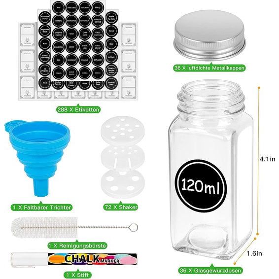 36 kruidenpotjes met strooiinzetstuk, kruidenpotjes, vierkant, glazen kruidenstrooier, kruidenbewaardoos met deksel, etiketten, trechter, reinigingsborstel, witte marker