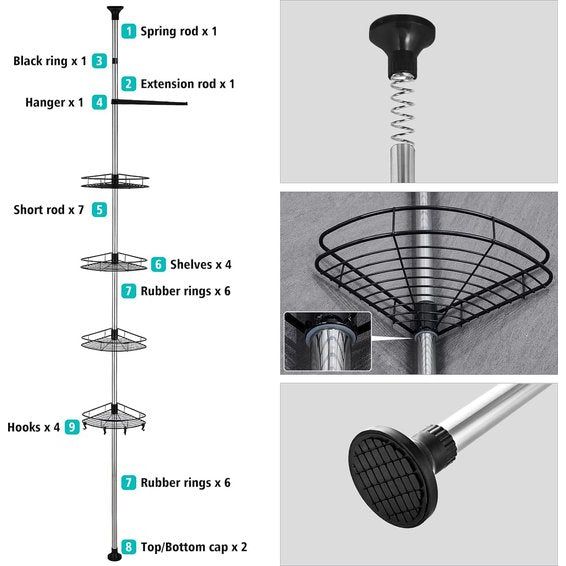 Telescopische doucheplank, 190-310 cm, in hoogte verstelbare doucheplank zonder boren, roestvrij staal, hoekrek, badkamerrek met 4 x manden, 4 x haken en 1 x handdoekhouder voor handdoek,
