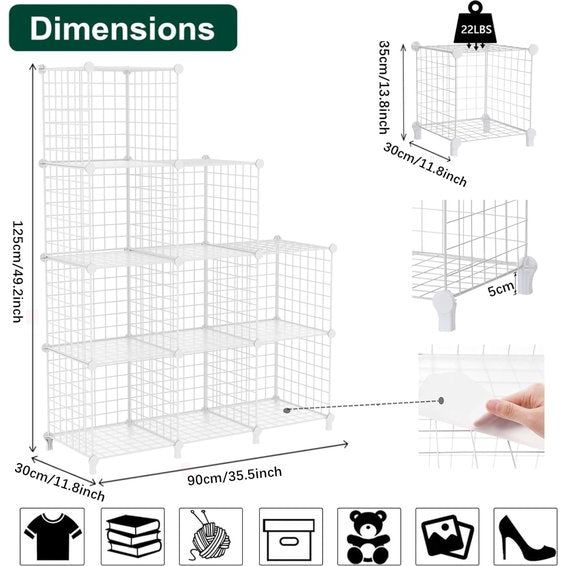 Plank 9 Plank Draadkubus Stapelbare Plankkubus DIY Metaalgaas Plank Kubus Boekenplank Kubusplank met deuren voor woonkamer, slaapkamer, badkamer Wit