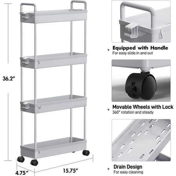 Slide-Out Slide-Out Opbergwagen met 4 dieren, slim-rolling Utility Cart, mobiele opbergrek, organizer voor keuken, badkamer, bijkeuken, slaapkamer, smalle plaatsen, kunststof, grijs